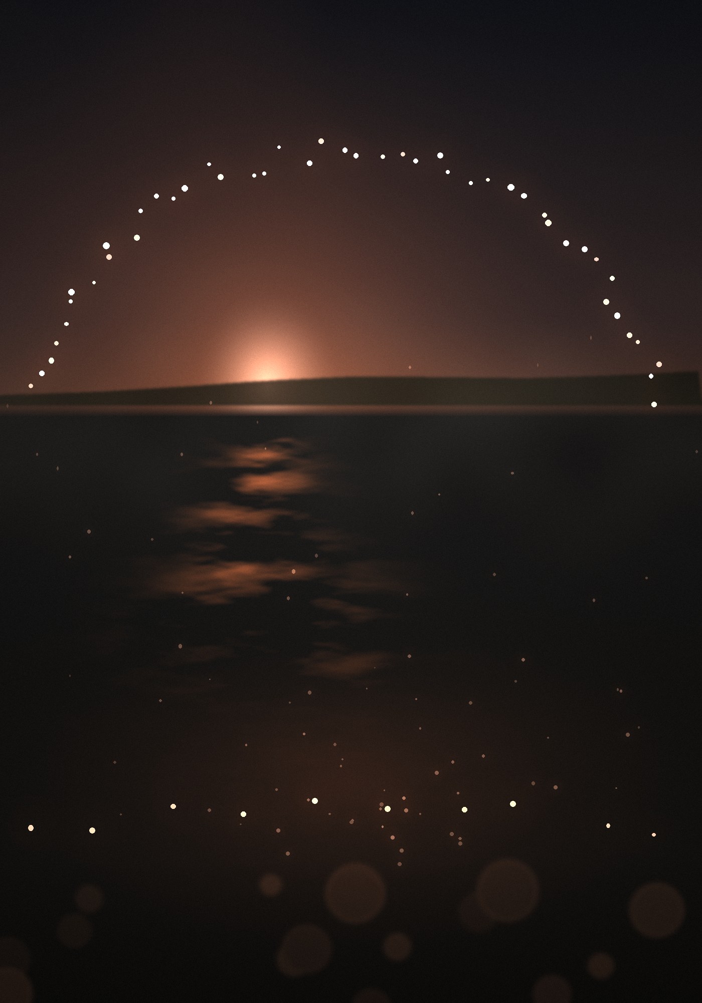 Illustration of an arch of lights above the sea at dusk