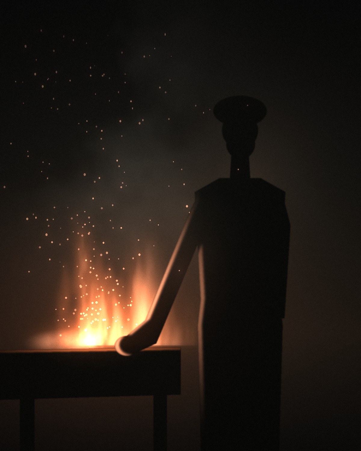 Illustration of a chef working at a lit grill, seen in silhouette against the fire