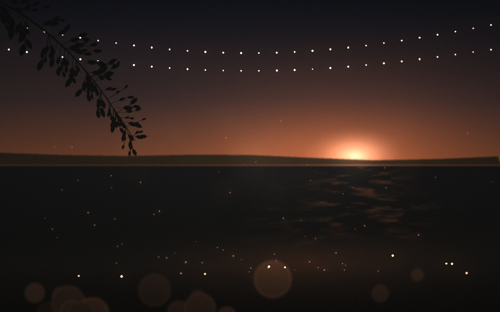 Illustration of a terrace above the sea at sundown, hung with lanterns